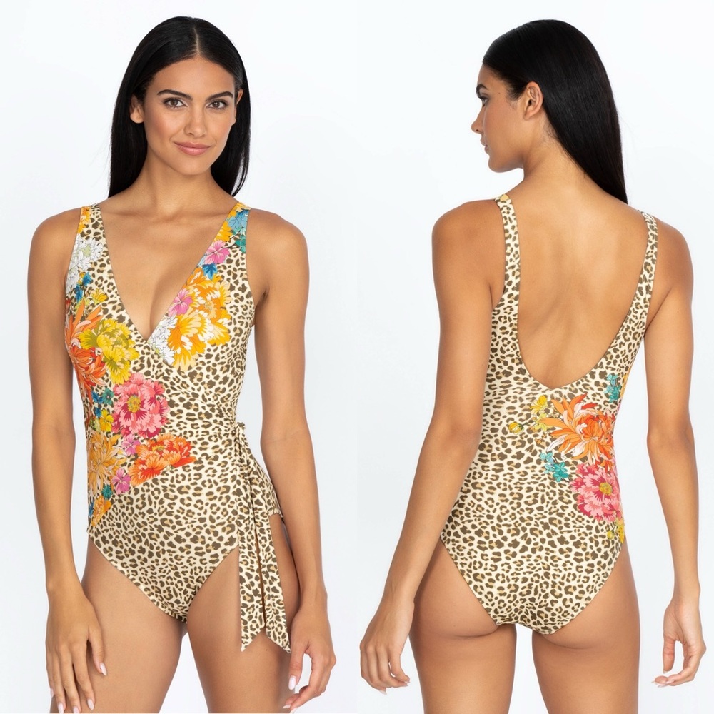 Johnny Was Leopard Print Floral One-Piece Swimsuit
